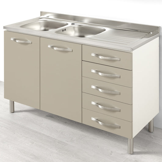 Sotto lavello + Lavello Vs SX per cucina componibile da 120 cm con due ante e 4 cassetti (+1 estetico) linea MAKA, realizzata in legno 100% MADE IN ITALY, colore Tortora