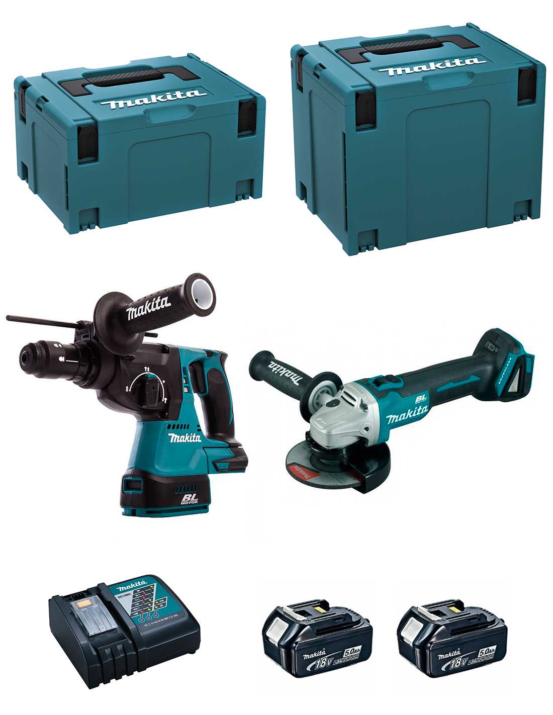 Makita  kit dlx2125tj1 (dga504 + dhr243 + 2 x 5,0 ah + dc18rc + makpac 3 + makpac 4) 0088381810517