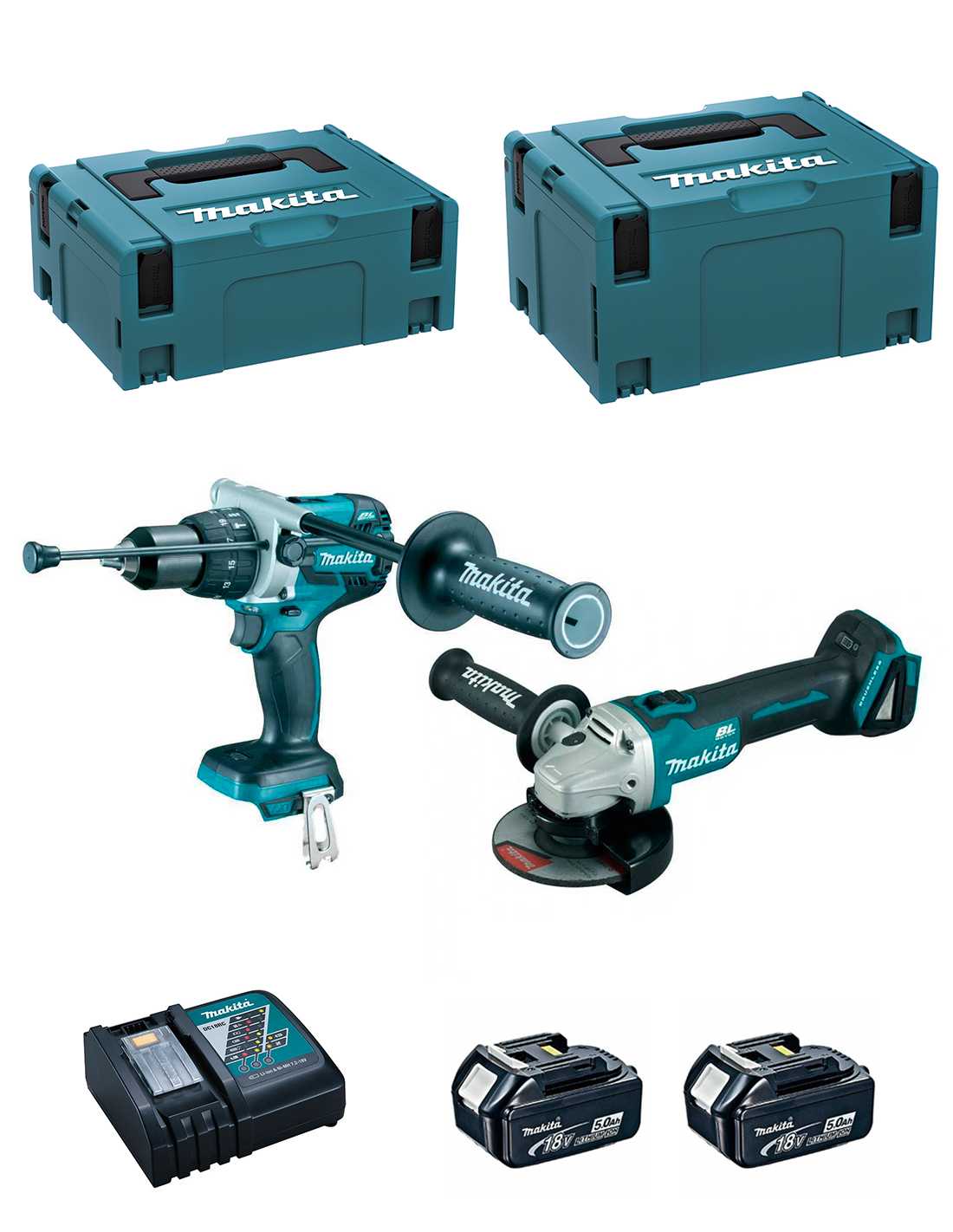 Makita  kit dlx2130tj2 (dga504 + dhp481 + 2 x 5,0 ah + dc18rc + makpac 2 + makpac 3) 0088381810500