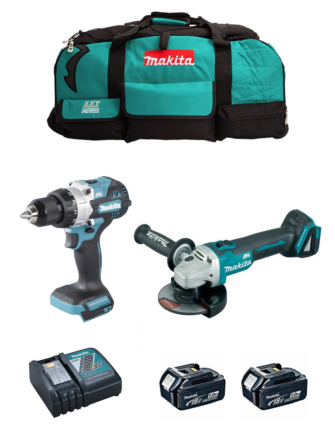 Makita  kit mk217 (dhp486 + dga504 + 2 x 5,0 ah + dc18rc + lxt600) 8435587925941