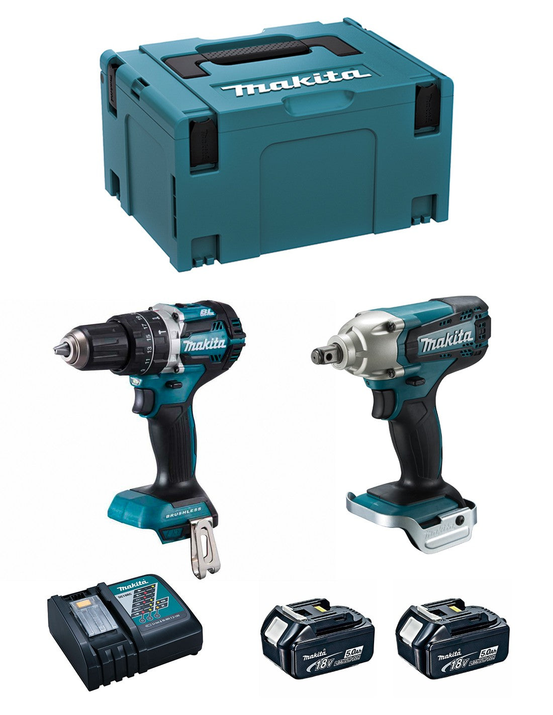 Makita  kit mk220rtj (dhp484 + dtw190 + 2 x 5,0 ah + dc18rc + makpac 3) 8435587921080