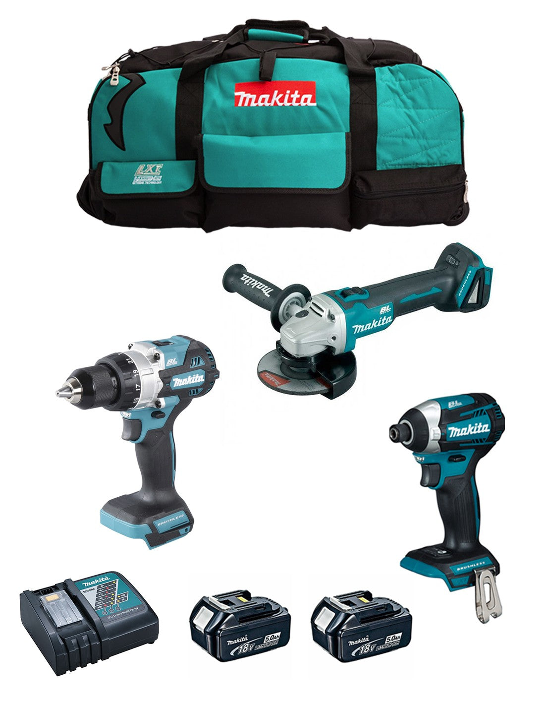 Makita  kit mk309 (dhp486 + dtd154 + dga504 + 2 x 5,0 ah + dc18rc + lxt600) 8435587925996
