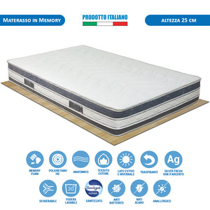 Kit materasso memory ioni argento e rete ortopedica piazza e mezza 120x190 Malaga H25 cuscino incluso - Comprarredo