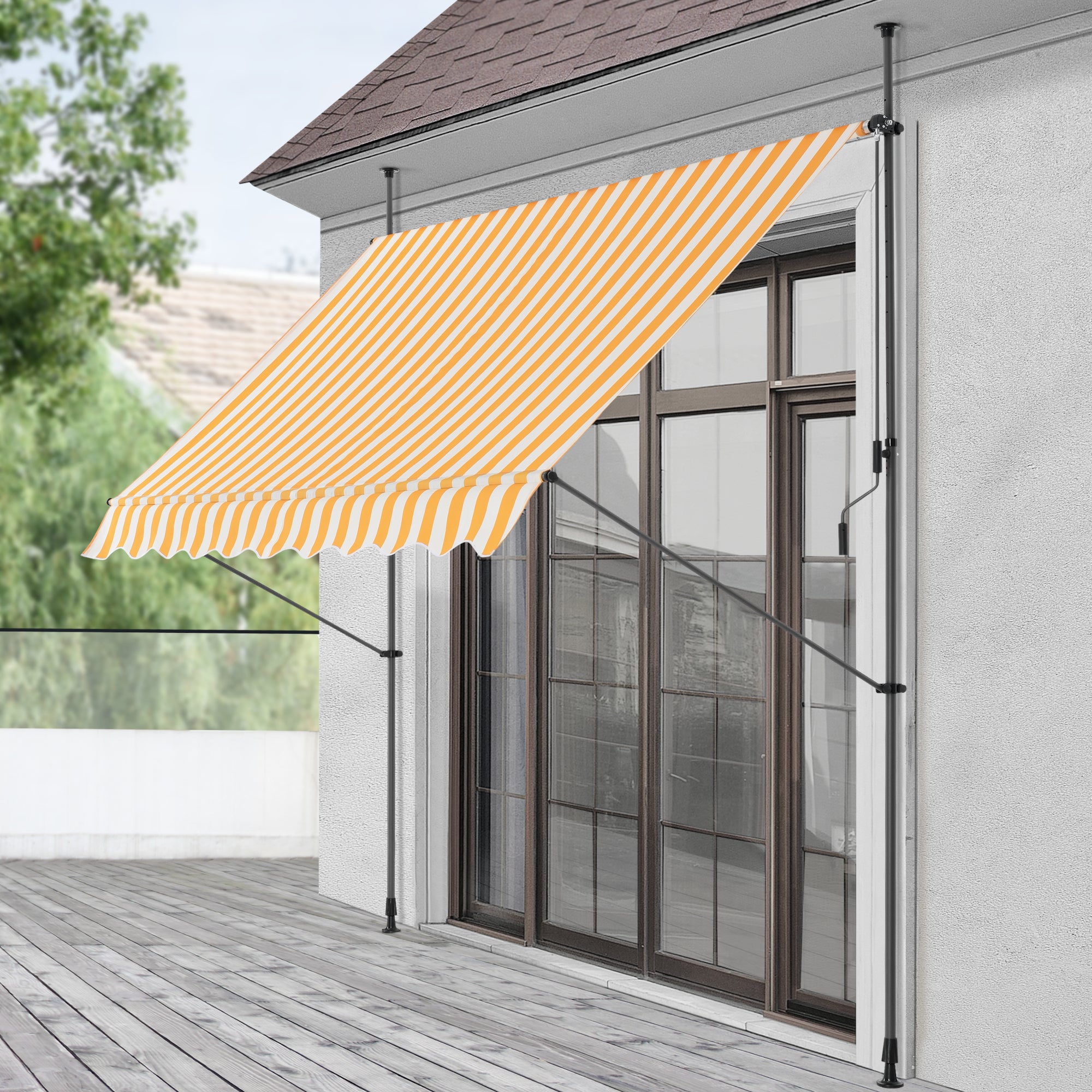 Tenda da Sole a Muro con Pali di Supporto Telescopici Parasole 350 x 120 cm (LxP) Giallo-Bianco pro.tec