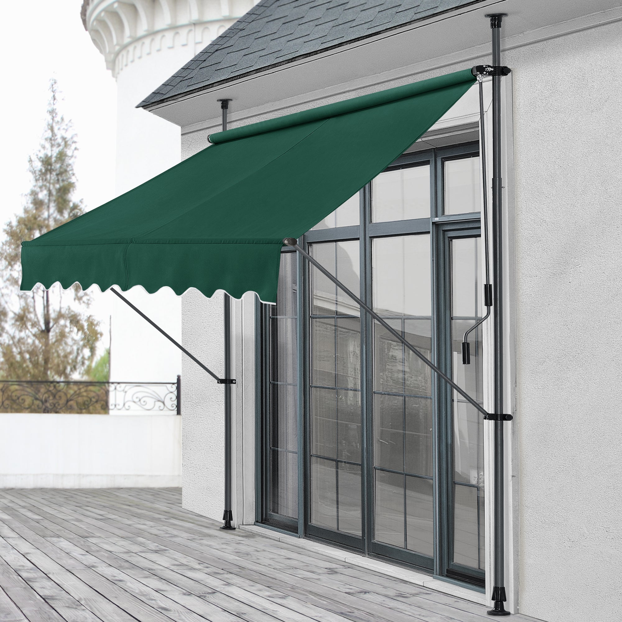 Tenda da Sole a Muro con Pali di Supporto Telescopici Parasole 350 x 120 cm (LxP) Verde Scuro pro.tec