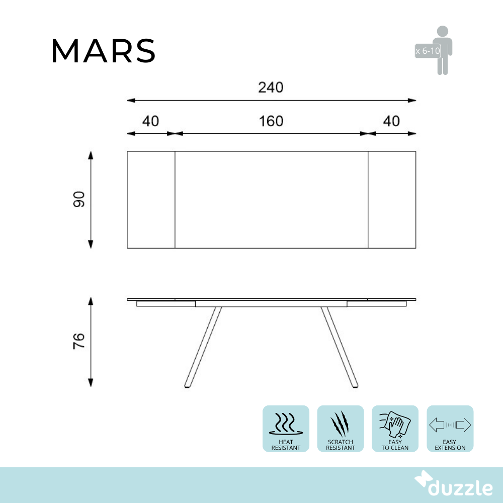 Tavolo da pranzo allungabile in vetro temperato nero Mars 160-240x90 cm fino a 10 posti | Duzzle