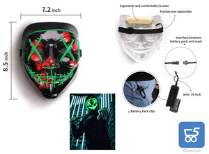 Maschera LED Halloween, the Purge Mask LED che si Illumina nella Notte, 3 Modalità di Luci,  per Costume Cosplay Festa e Party di Carnevale - Verde