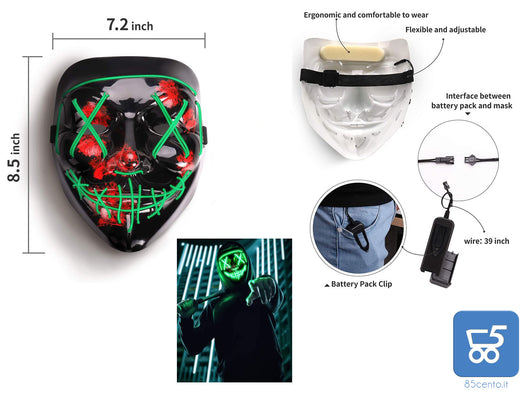 Maschera LED Halloween, the Purge Mask LED che si Illumina nella Notte, 3 Modalità di Luci,  per Costume Cosplay Festa e Party di Carnevale - Verde