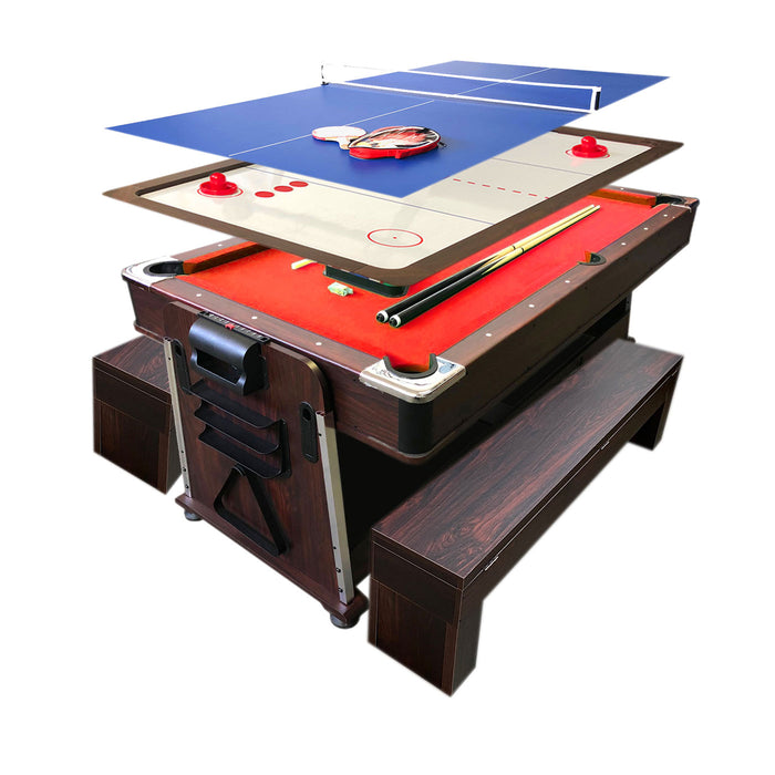 Tavolo da biliardo 7 piedi rosso Multi-gioco Air Hockey + Ping pong – Mattew con panche
