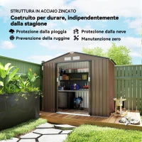 Casetta da Giardino in Metallo con Prese d'Aria e Doppia Porta Scorrevole, 2.1x1.3m, Marrone