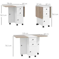 Tavolo Pieghevole con 2 Cassetti e Armadietto, 6 Rotelle e Freni, 120x60x76.5 cm, Bianco e Rovere