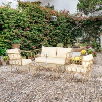 Set salotto da giardino divano 2 posti + 2 poltrone + 1 tavolino piano vetro temperato 7 cuscini crema