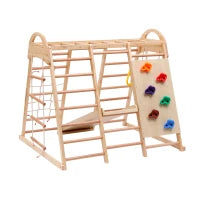 Struttura da arrampicata multifunzionale 7-in-1, altalena, scala da arrampicata, scivolo, rete, pietre da arrampicata, anelli, casetta tenda, 134×120×120 cm, Naturale
