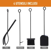 Potalegna per Camino in Acciaio e Antiruggine, Porta Legna per Interni ed Esterni con Design Elegante e 4 Attrezzi, 46x30x70 cm, Nero