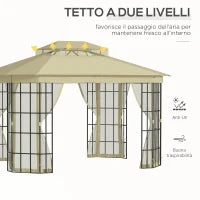 Gazebo da Giardino con Zanzariera, Tetto a 2 Livelli e Struttura in Metallo, 3.7x3m, Beige