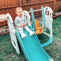 Scivolo 3 in 1 per Bambini con Altalena Regolabile, Canestro e Palle per Cameretta e Giardino, 149x186x98cm, Blu e Arancione