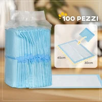 Set 100 Tappetini Igienici per Cani a 6 Strati in Tessuto non Tessuto, Carta e PE, 45x30 cm, Blu e Bianco