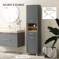 Colonna Bagno Moderna con Cassetto e Armadietti in Legno e Lega di Alluminio, 40x24x160 cm, Grigio