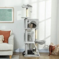Albero Tiragraffi per Gatti con 2 Casette, Amaca, Lettino e Pali in Sisal, 48x48x160 cm, Grigio