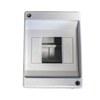 Centralino da parete con binario DIN stampato su base, 4 moduli, 130x90x86 mm, grigio RAL 7035, IP40, ideale per installazioni elettriche interne