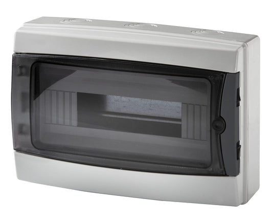 centralino da parete 12 moduli con portello fumé, grigio RAL 7035, 280x220x100 mm, IP65, ideale per installazioni elettriche interne ed esterne