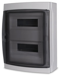 centralino da parete 24 moduli con portello fumé, grigio RAL 7035, 290x290x140 mm, IP65, ideale per installazioni elettriche interne ed esterne