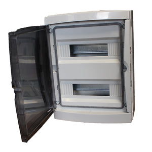 centralino da parete 24 moduli con portello fumé, grigio RAL 7035, 290x290x140 mm, IP65, ideale per installazioni elettriche interne ed esterne