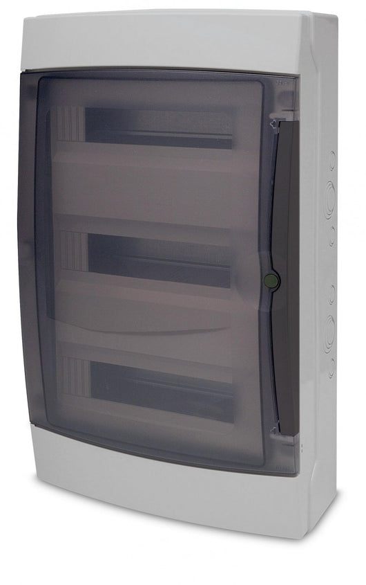 centralino da parete 36 moduli con portello fumé, grigio RAL 7035, 400x400x140 mm, IP65, ideale per installazioni elettriche interne ed esterne