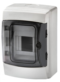 centralino da parete 4 moduli con portello fumé, grigio RAL 7035, 150x170x100 mm, IP65, ideale per installazioni elettriche interne ed esterne