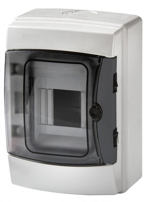 centralino da parete 4 moduli con portello fumé, grigio RAL 7035, 150x170x100 mm, IP65, ideale per installazioni elettriche interne ed esterne