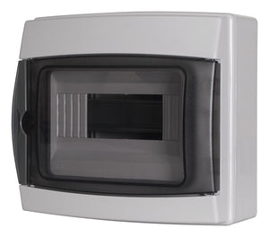 centralino da parete 8 moduli con portello fumé, grigio RAL 7035, 200x180x100 mm, IP65, ideale per installazioni elettriche interne ed esterne