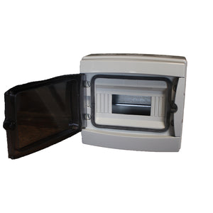 centralino da parete 8 moduli con portello fumé, grigio RAL 7035, 200x180x100 mm, IP65, ideale per installazioni elettriche interne ed esterne