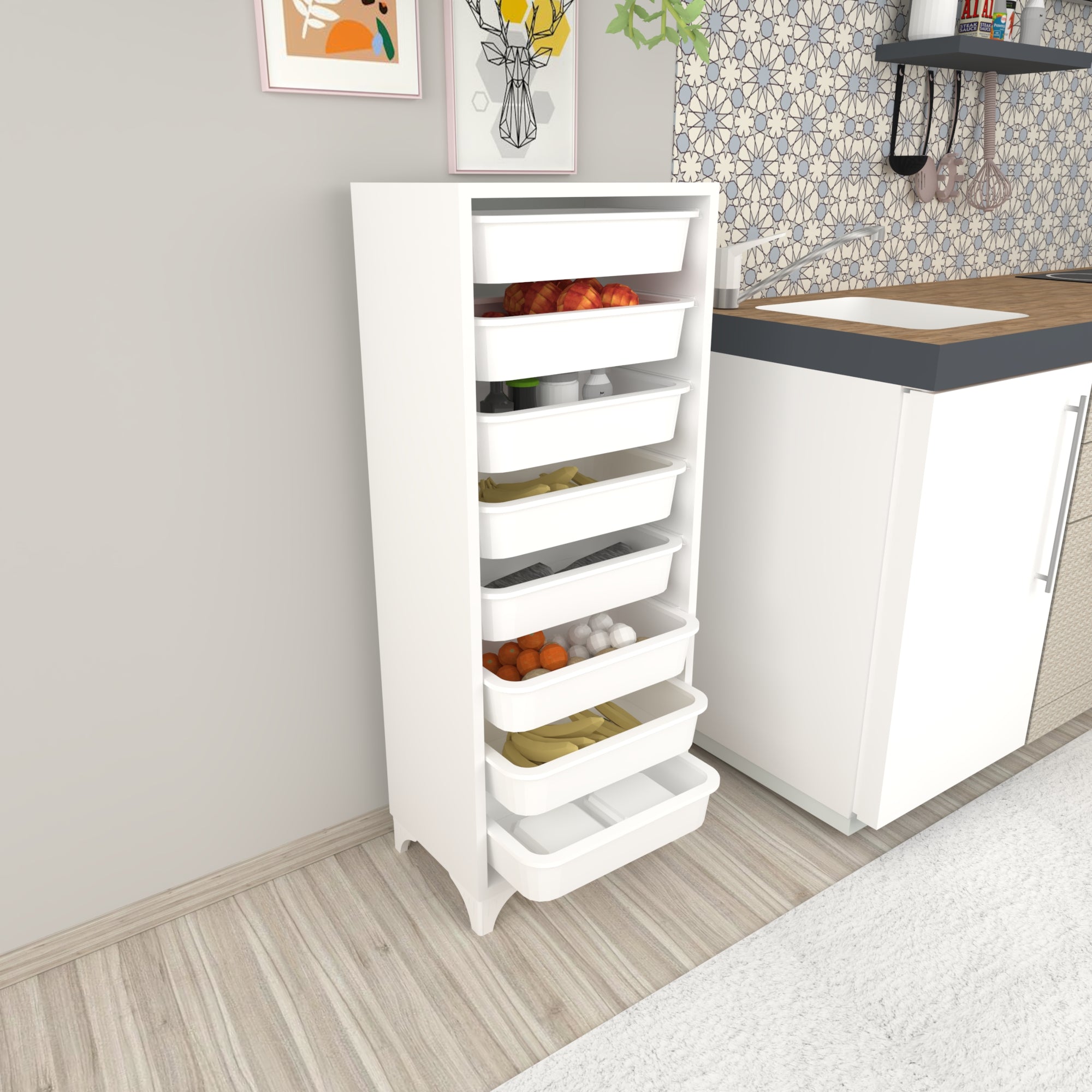 Cassettiera 'Lurøy' Organizzatore con 8 Cestini Estraibili - Mobile a Torre Contenitore - Bianco [en.casa]