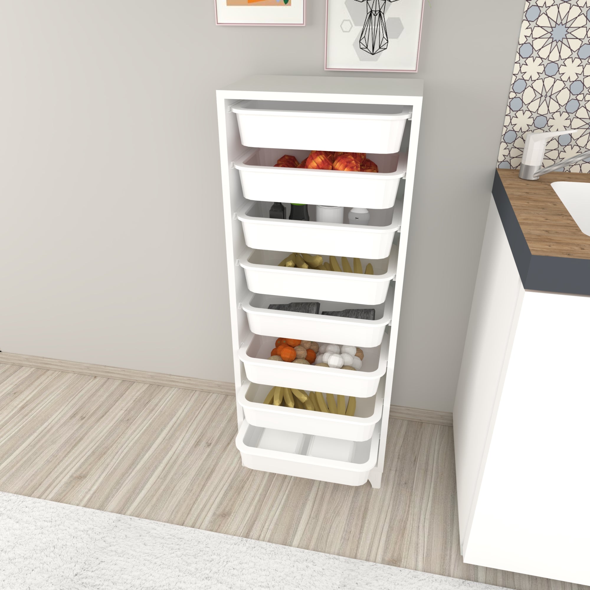 Cassettiera 'Lurøy' Organizzatore con 8 Cestini Estraibili - Mobile a Torre Contenitore - Bianco [en.casa]