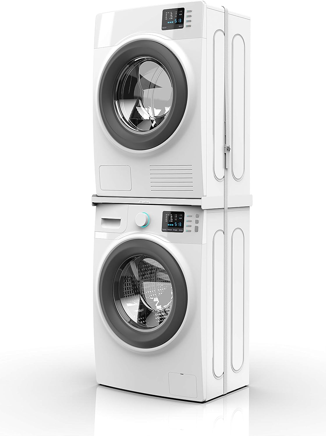 Meliconi base torre slim l45, kit di sovrapposizione lavatrice asciugatrice universale, supporto asciugatrice premontato, cinghia di sicurezza con fibbia in metallo inclusa, portata 250 kg, bianco