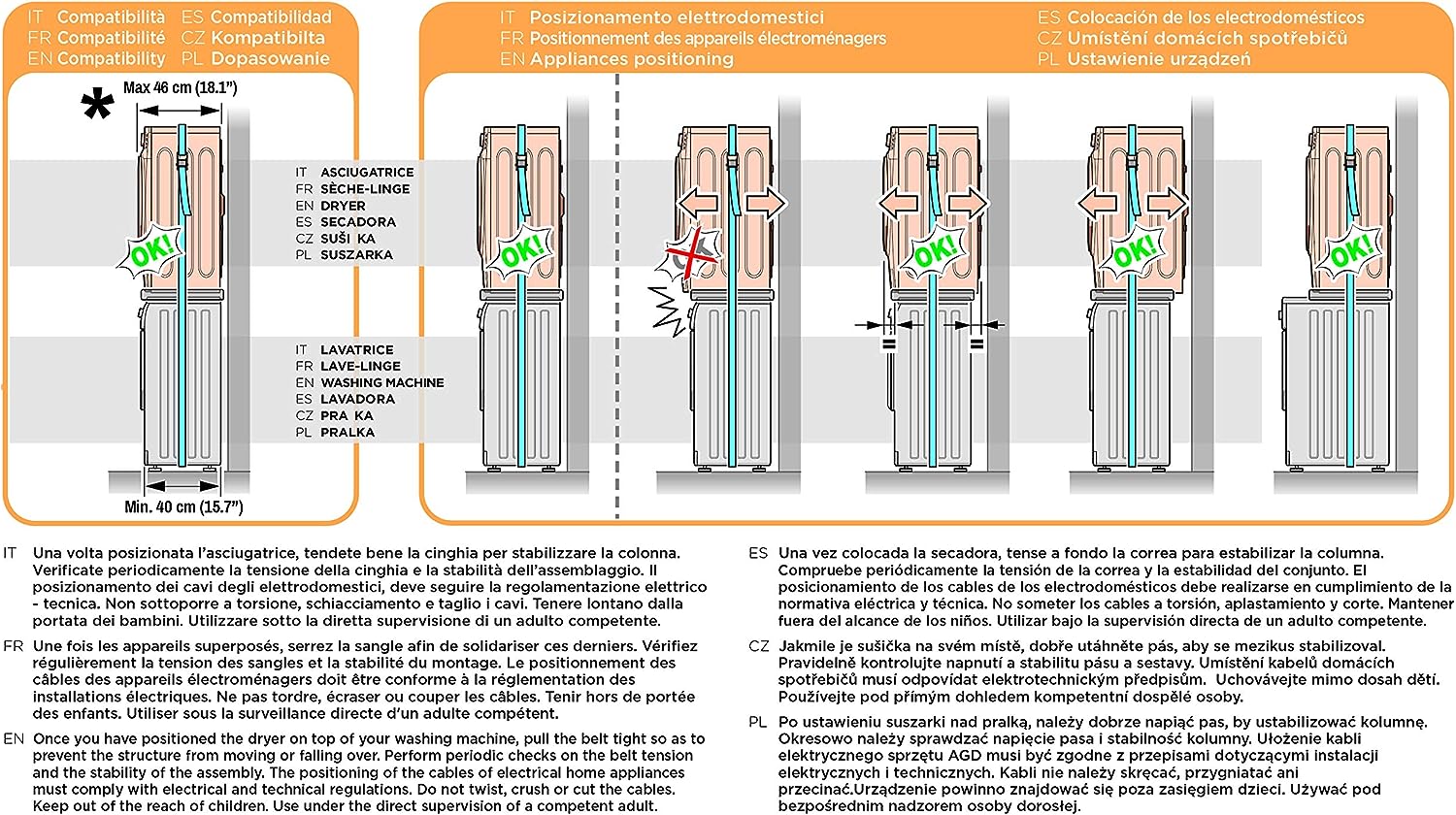 Meliconi base torre slim l45, kit di sovrapposizione lavatrice asciugatrice universale, supporto asciugatrice premontato, cinghia di sicurezza con fibbia in metallo inclusa, portata 250 kg, bianco