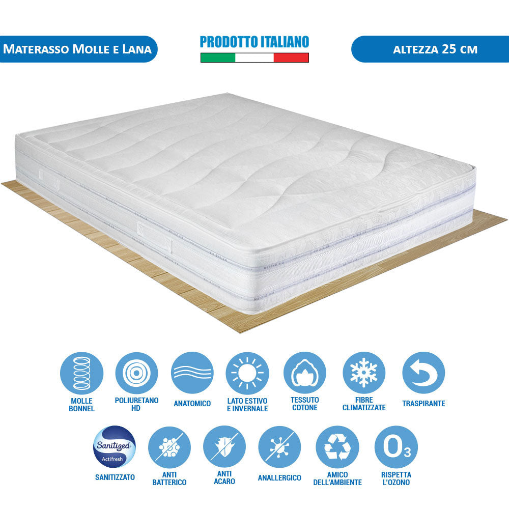 Kit materasso molle e lana rigido e rete a tavole matrimoniale 160x190 Messico H25 cuscini inclusi - Comprarredo