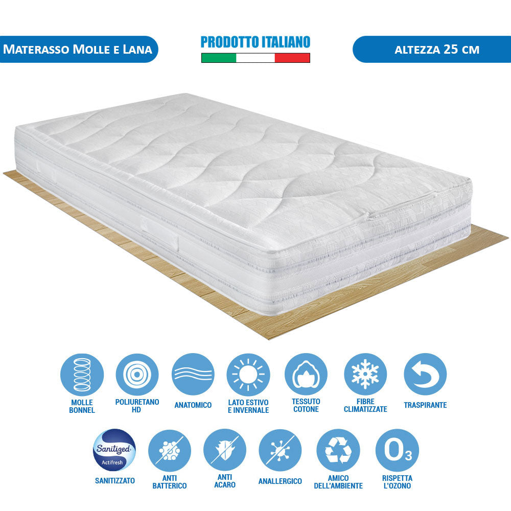Kit materasso molle e lana rigido e rete a tavole piazza e mezza 120x190 Messico H25 cuscino incluso - Comprarredo