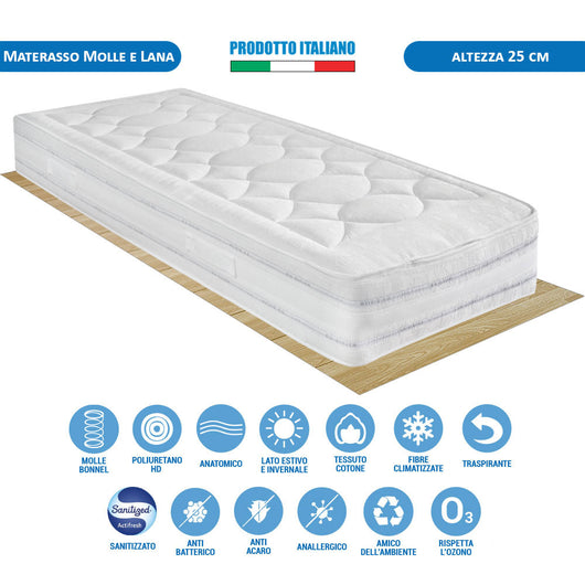 Materasso rigido a molle bonnel e lana singolo 80x190 Messico H25 estate/inverno - Comprarredo
