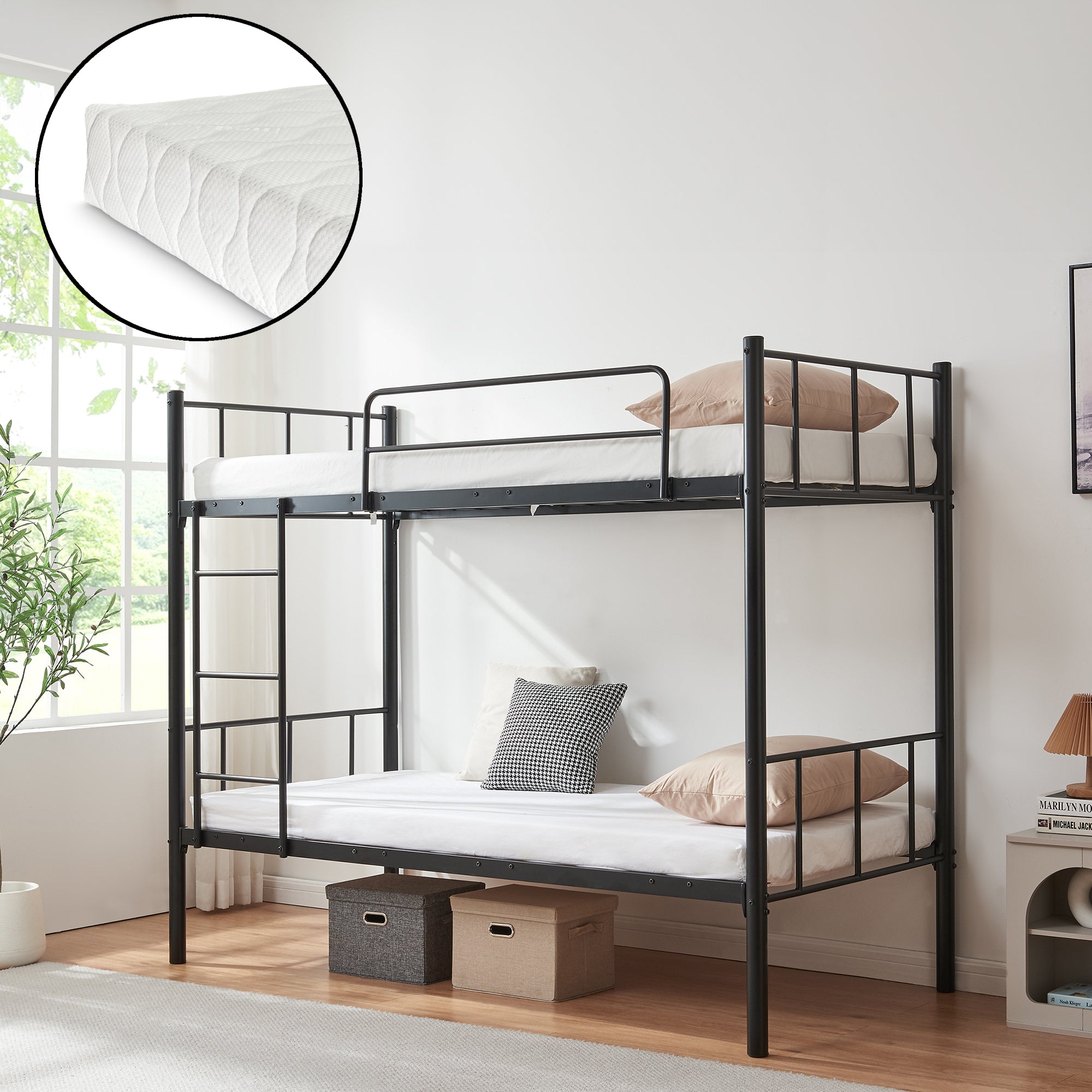 Letto a Castello Berimma a 2 Posti con Materassi 90x200 cm Scaletta e Sponda Anticaduta - Nero [en.casa]