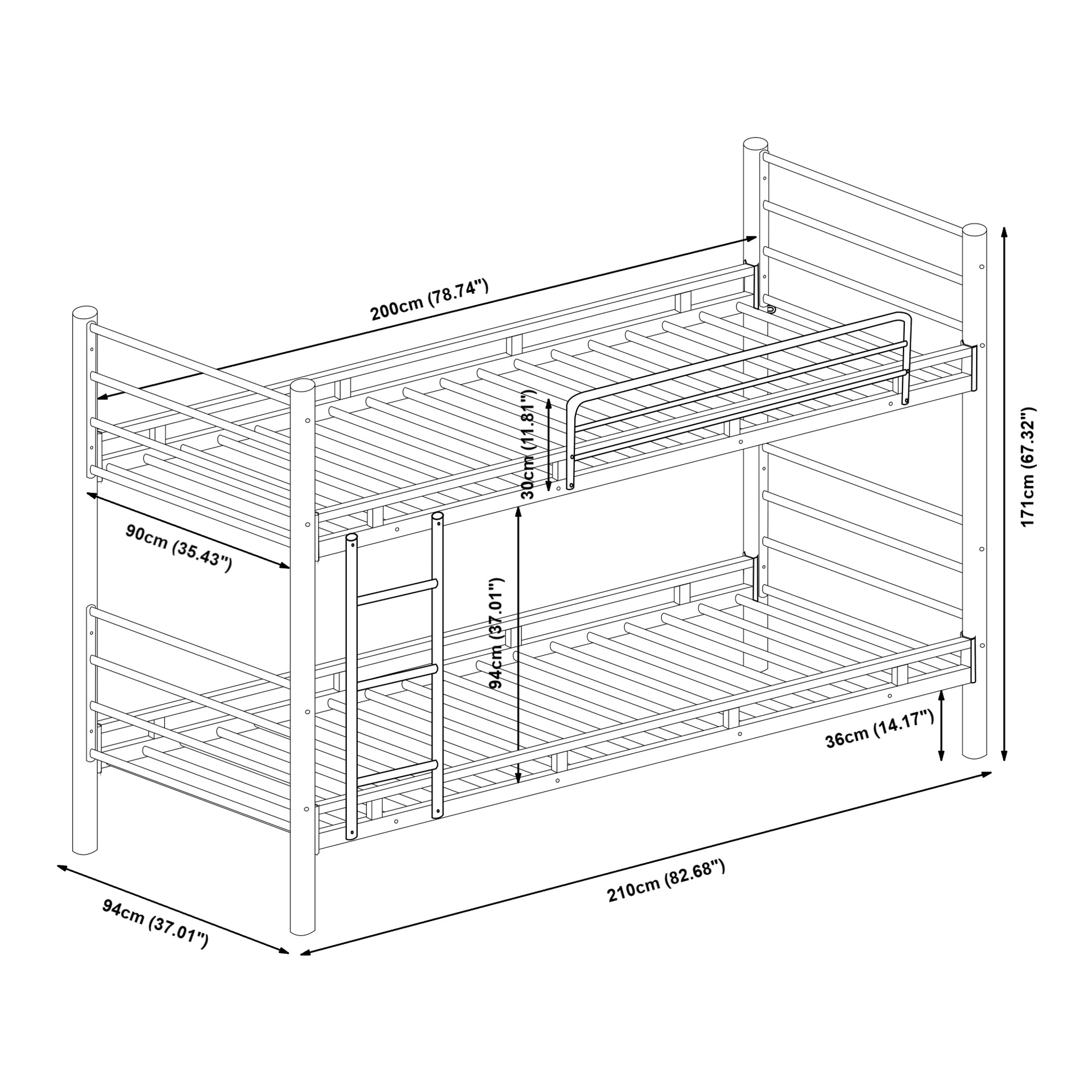 Letto a Castello Bevapis con Scala e Barriera Anticaduta a 2 Posti 90x200 cm - Nero [en.casa]