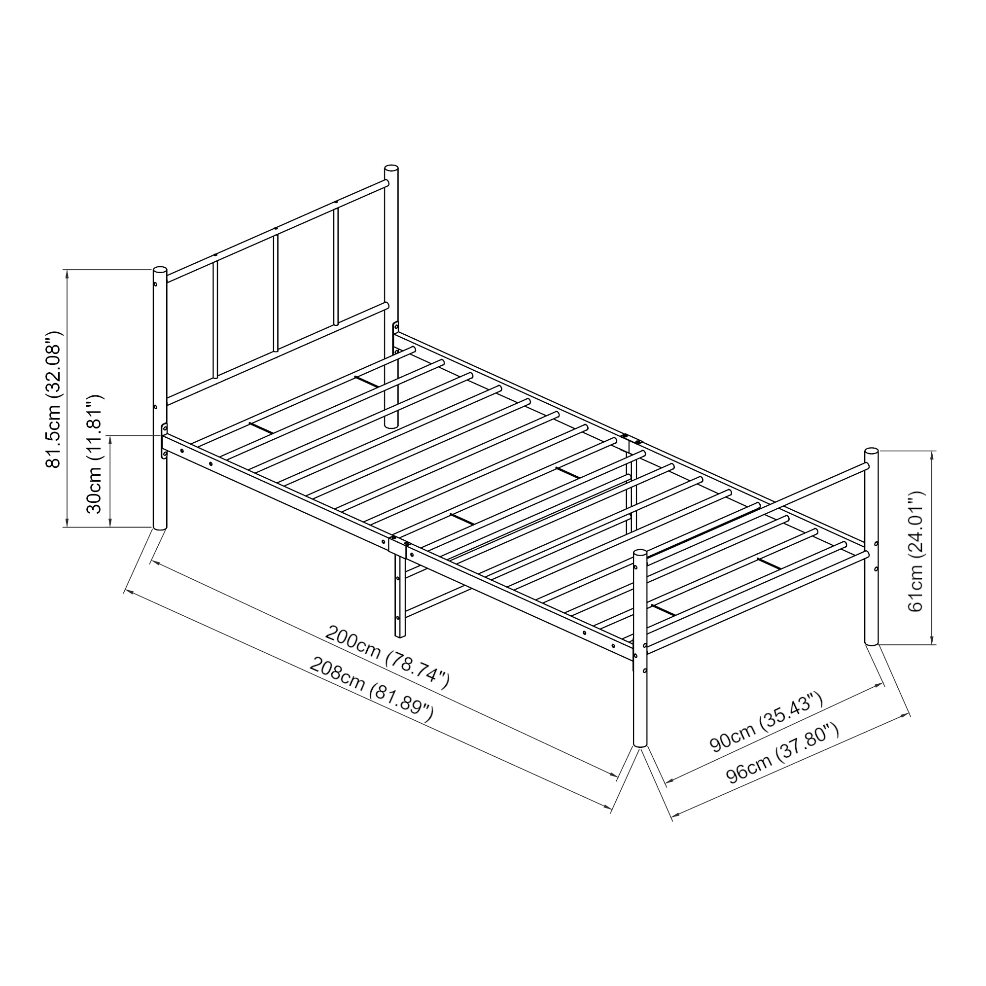 Letto Singolo Laos 90x200 cm con Testiera e Pediera - Acciaio Nero [en.casa]