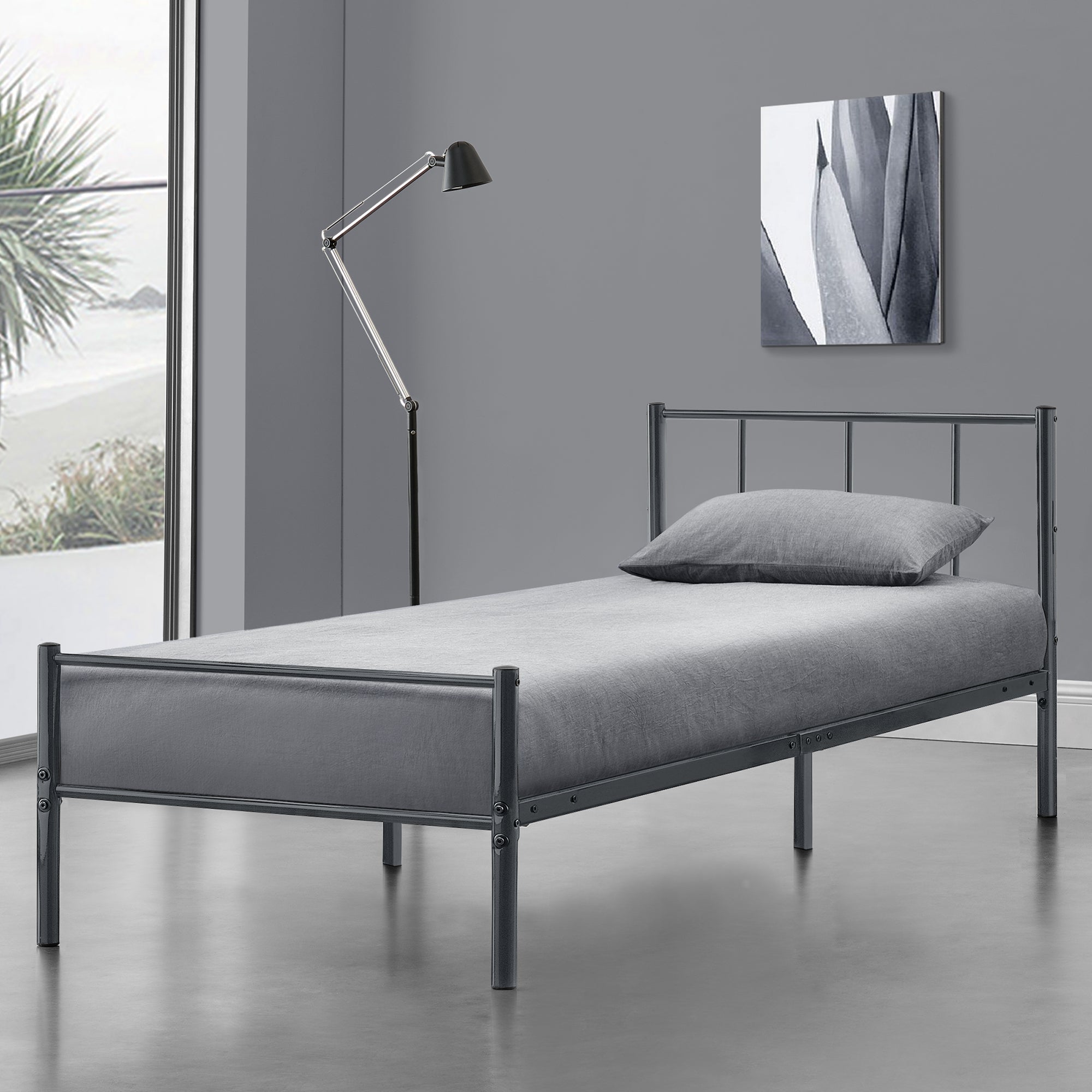 Struttura Letto Singolo 90x200 cm in Acciaio con Testiera e Pediera - Grigio Scuro Opaco [en.casa]