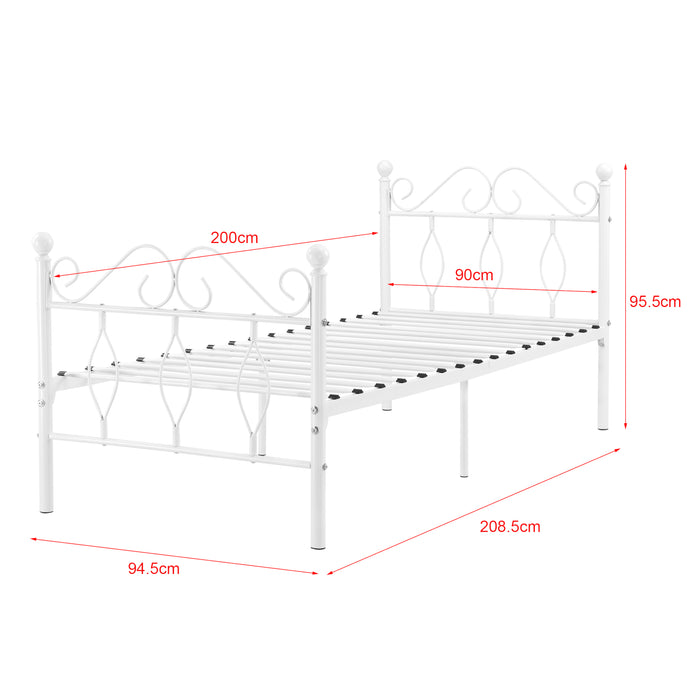 Struttura Letto Singolo in Metallo con Testiera e Pediera in Stile Romantico/Classico 90 x 200 cm Letto 1 Piazza -