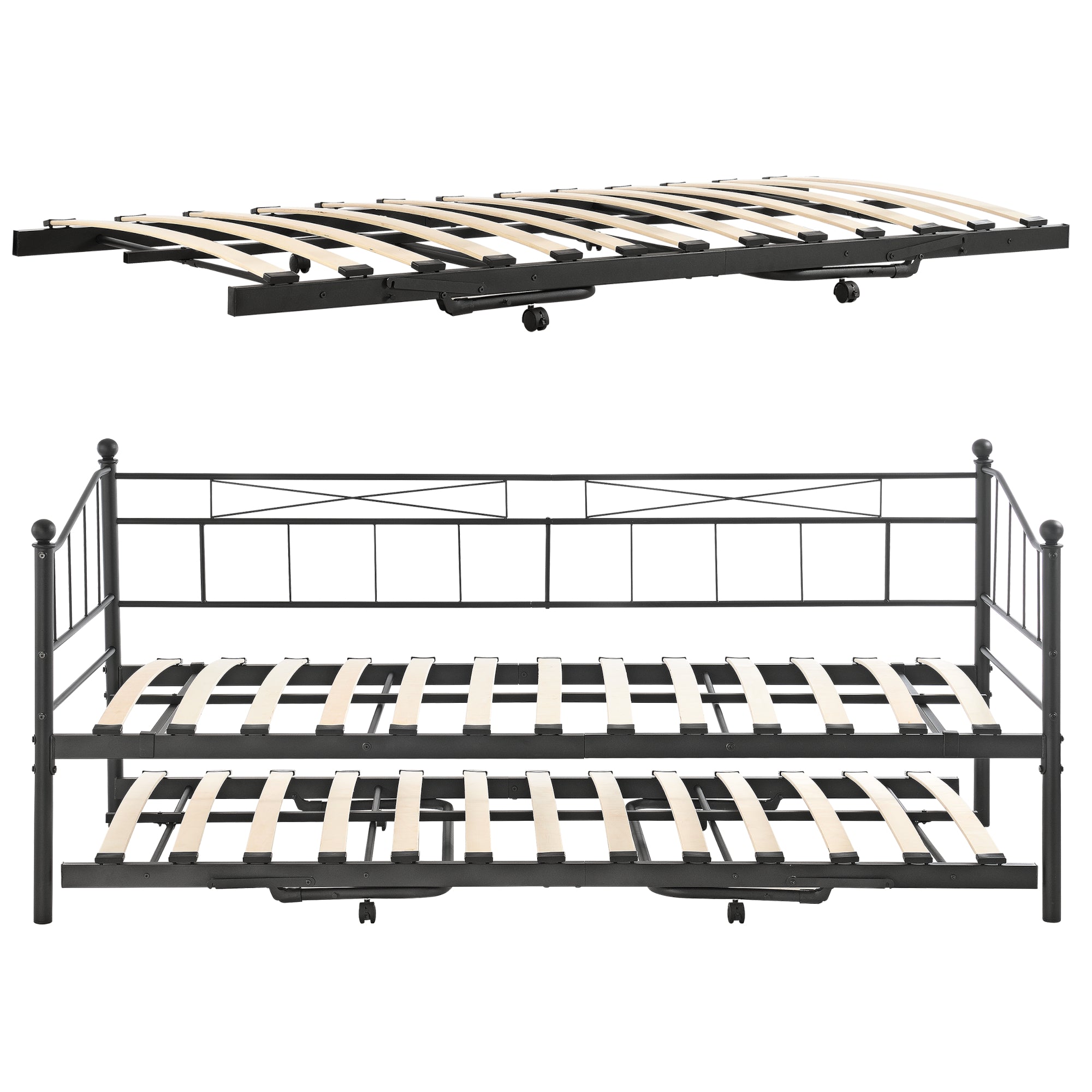 Divano in Metallo con Cornice Decorativa + Letto di Complemento con Gambe Pieghevoli e 4 Ruote, Sofa a 2-3 Posti di