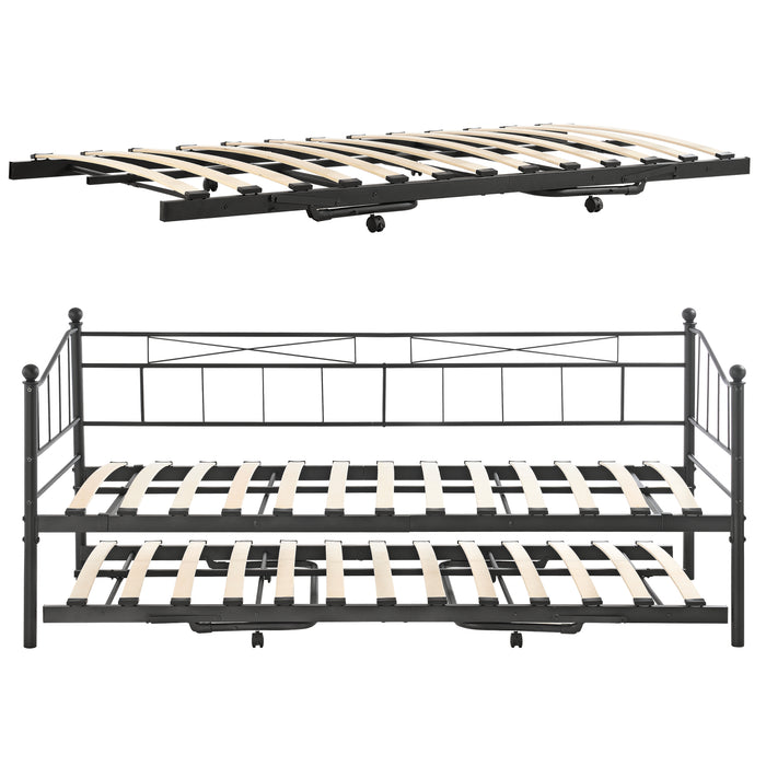 Divano in Metallo con Cornice Decorativa + Letto di Complemento con Gambe Pieghevoli e 4 Ruote, Sofa a 2-3 Posti di