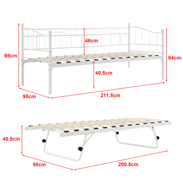 Divano in Metallo con Cornice Decorativa + Letto di Complemento con Gambe Pieghevoli e 4 Ruote, Sofa a 2-3 Posti di