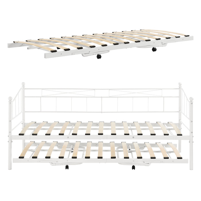 Divano in Metallo con Cornice Decorativa + Letto di Complemento con Gambe Pieghevoli e 4 Ruote, Sofa a 2-3 Posti di