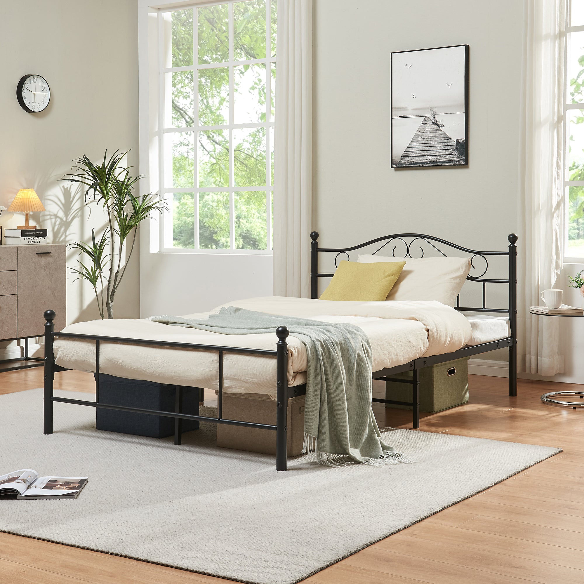 Letto Piazza e Mezza Florenz in Acciaio con Testiera Alta Decorativa 120 x 200 cm Nero [en.casa]