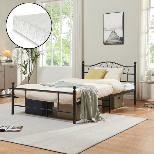 Letto Piazza e Mezza Florenz in Acciaio con Testiera Decorativa e Materasso 120 x 200 cm Nero [en.casa]